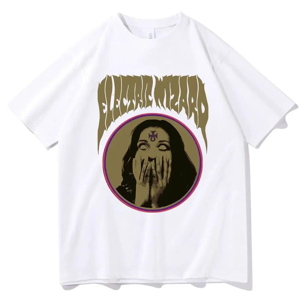 Elektryczny czarodziej opętany T-shirt z nadrukiem unisex kobiety rockowa koszulka z czystej bawełny okrągły dekolt w stylu casual, czarny t-shirty unisex czarny streetwear