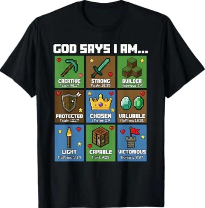 

God Says I Am Bible Verses Pixel Art Christian Gamer Boys T-Shirt 3XL