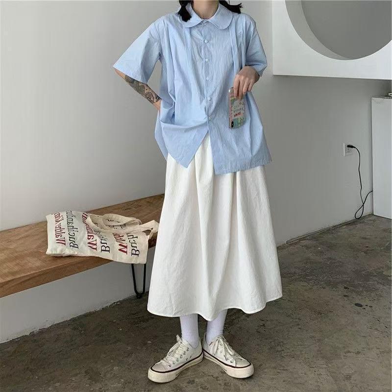 Women's Mid-Length A-Line Skirt: Japanese & Korean Style, Solid Color, Elastic Waist