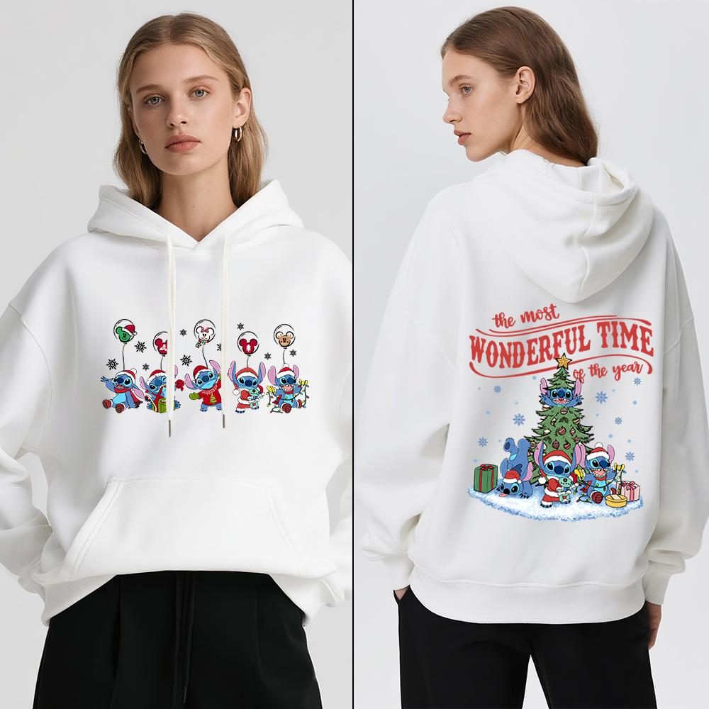 Disney Stitch Christmas Print Women Fleece Hoodie Winter Warm Pullover Casual Holiday Travel Party Outfit Soft Cozy Sweatshirt