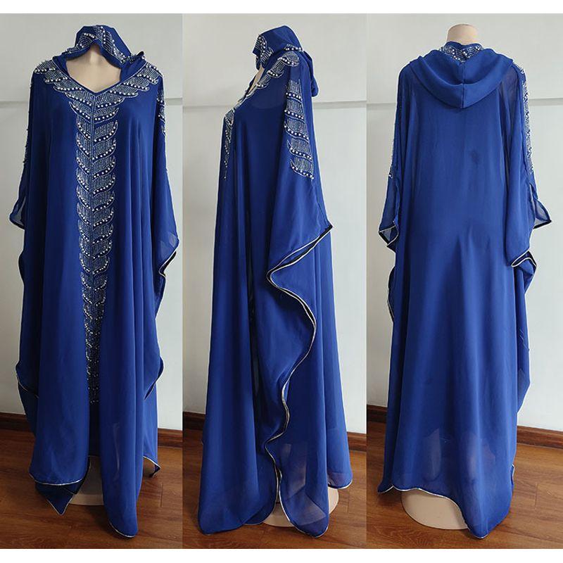 Indonesia European and American Amazon Chiffon Heavy Embroidery Hot Drilling Dress African Long Gown Plus Size Hooded Women Dresses
