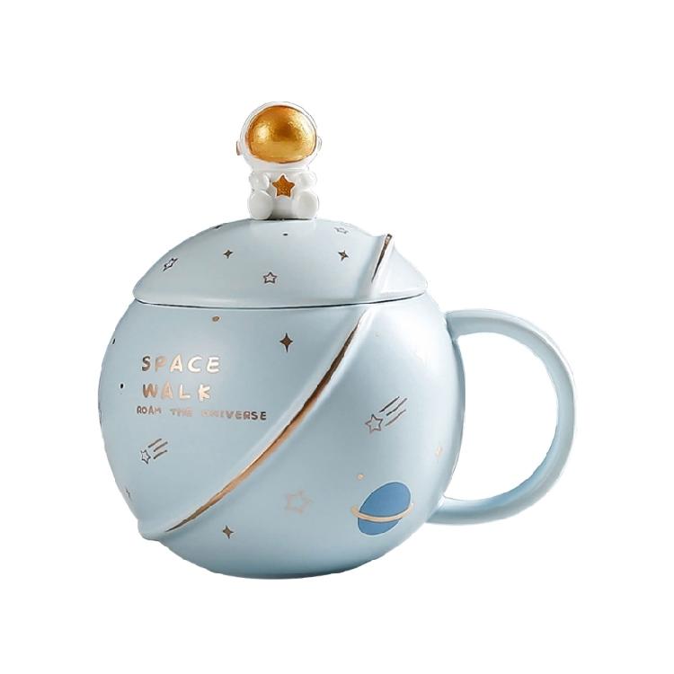 400ML Astronaut Coffee Cup Cute Space Mug Ceramic Water Cup with Lid and Spoon светло-синий
