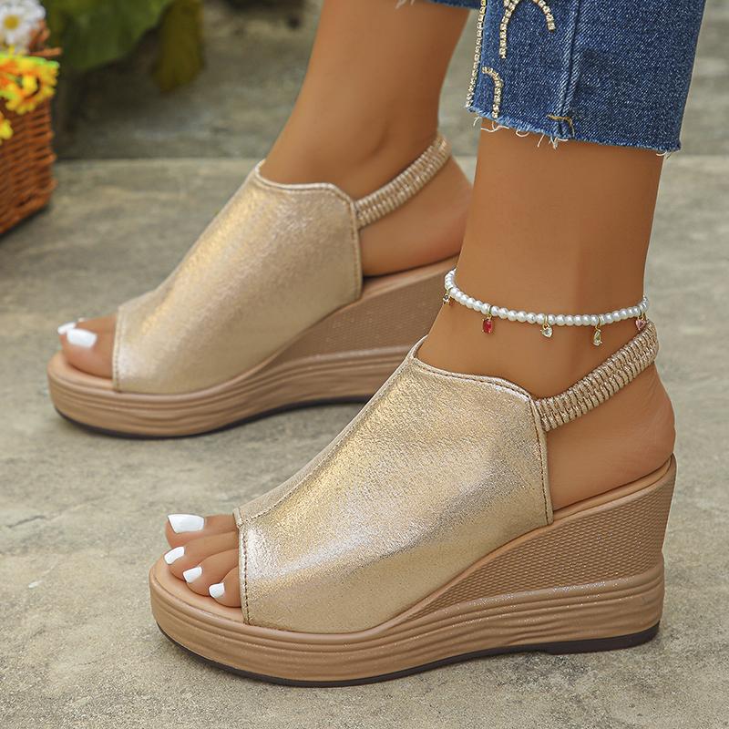 Fashion Gold Platform Wedge Sandals for Women Open Toe Thick Sole Summer Beach Shoes Woman Fashion Elastic Ankle Strap High Heel Sandals