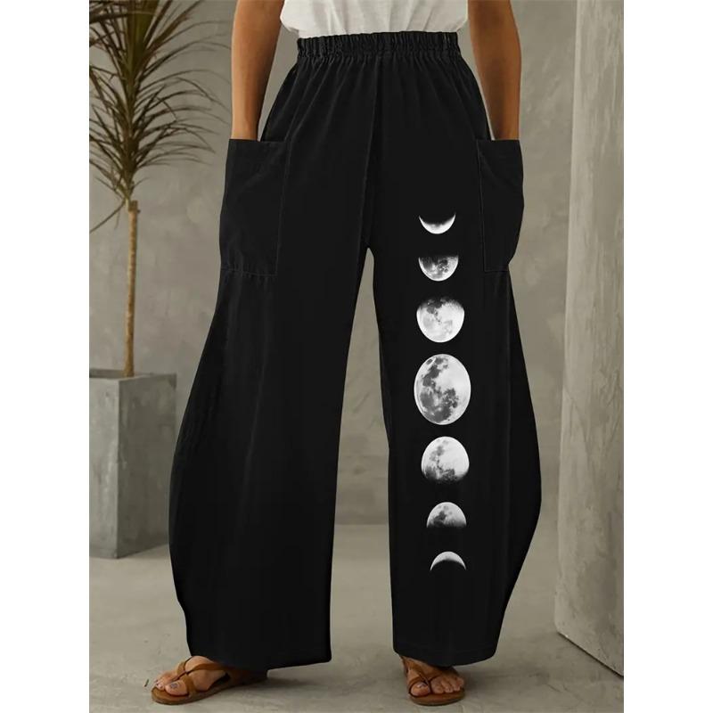 Women's Fashion Wide-legged Pants Elegant 3d Sun, Moon And Star Printed Pants Women's Street Vintage Pants With Pockets
