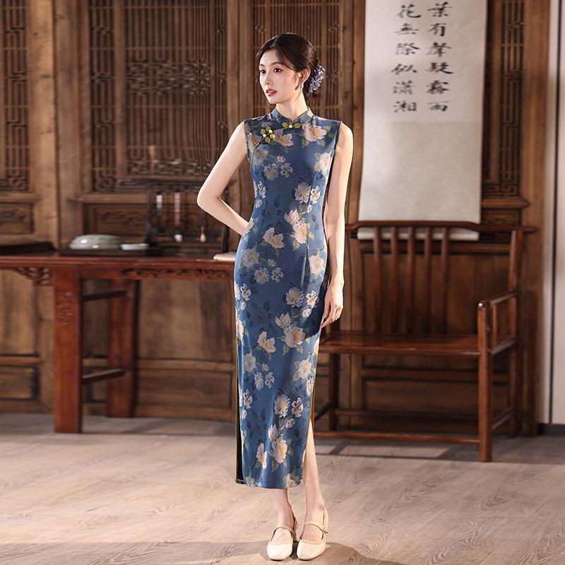 Blue sleeveless Chinese style new Chinese daily Suzhou long qipao, improved youth 1011 new style for women's sophistication