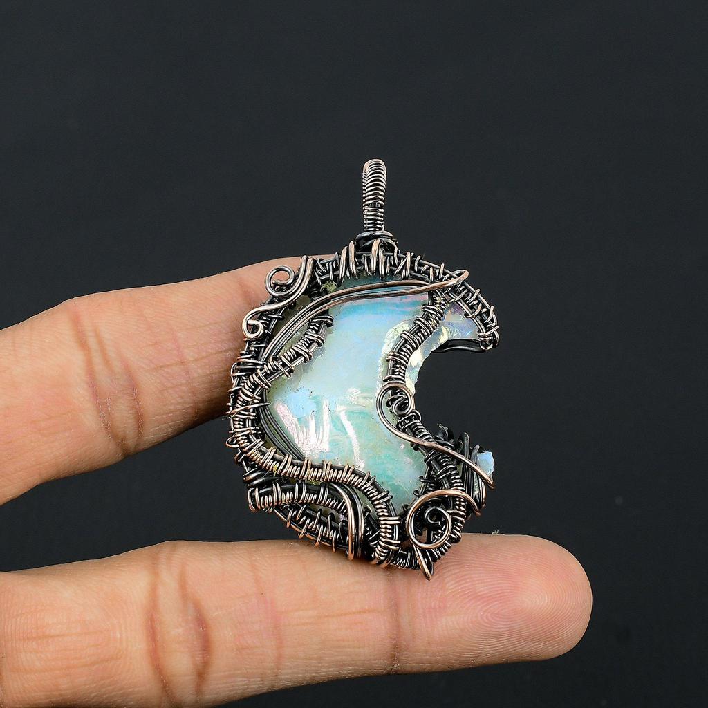 Aura Shell Crescent Moon Shape Pendant, Handmade Gemstone 999 Copper Wire Wrapped Pendant Antique Jewelry, For Gift Silver Jewelry