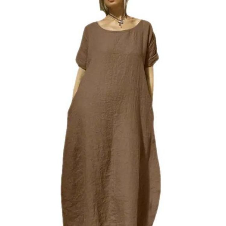 Women's Casual Dresses - Women's Cotton Linen Dress Loose Fit Round Neck Slit Belted Design Round Neck Short Sleeved Loose Dress