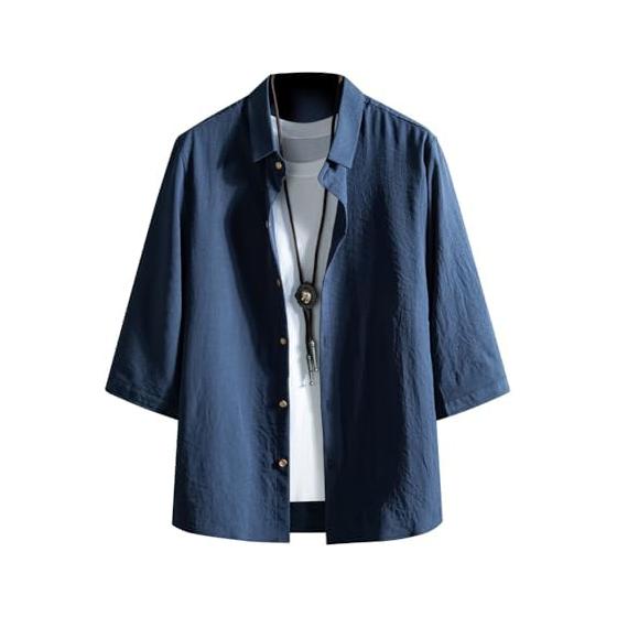 [FUZHIHUA] Men s Shirt, 3/4 Sleeve, Summer Clothes, Short Sleeve, Stylish, Casual, Loose, Plain, Large Size, Casual Shirt, Stylish, Tops, Light,
