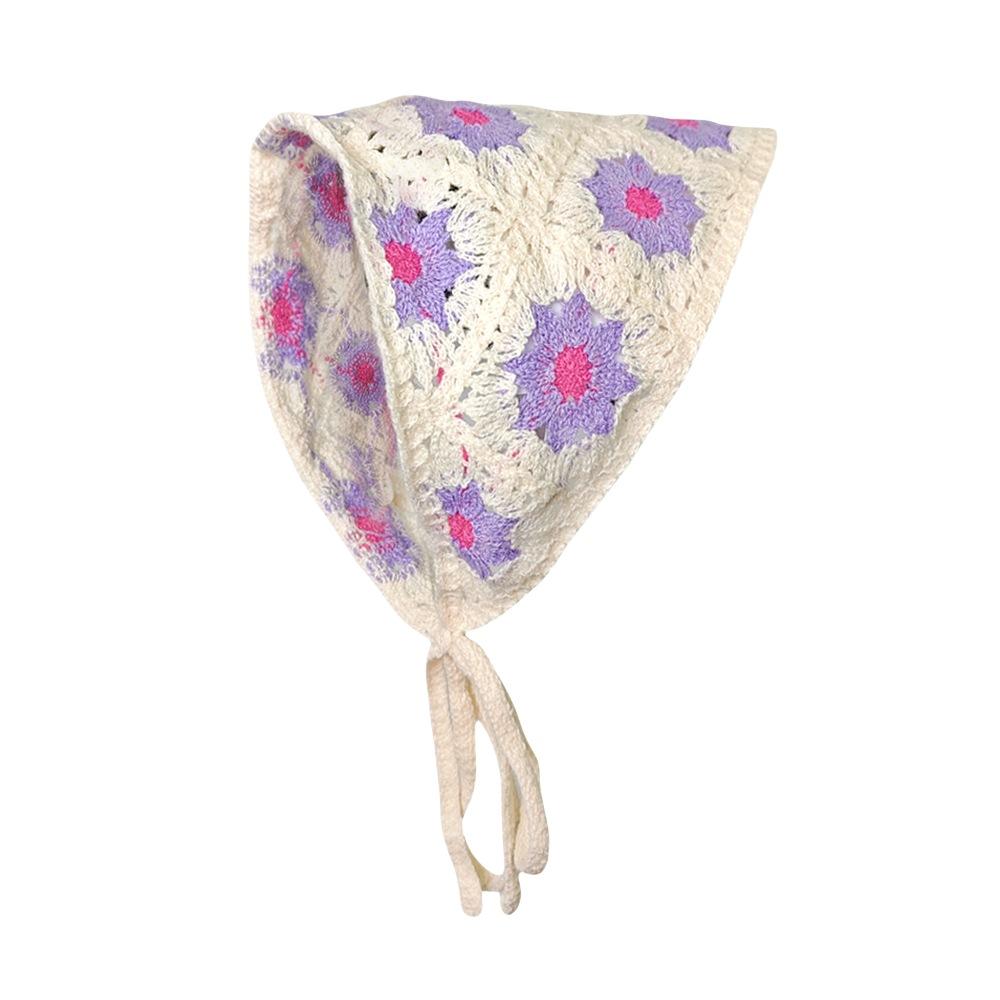 Fashion Knitted Headscarf Hat French Pastoral Style Triangle Headband Handmade Crochet Headband Towel Little Flower Headscarf