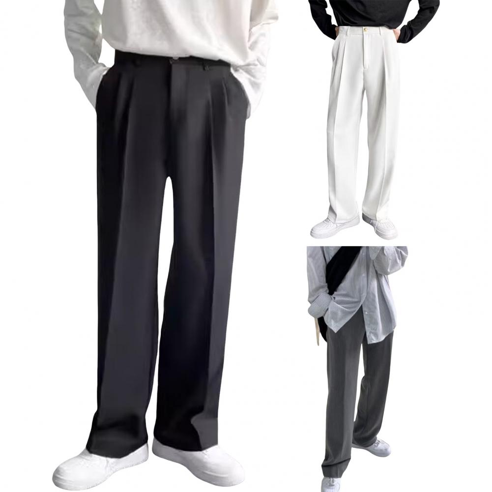 Men Suit Pants Wide Leg Comfortable Fit Straight-Leg Formal Business Style Side Pockets Button Zipper Closure Single Color Work Office Trou