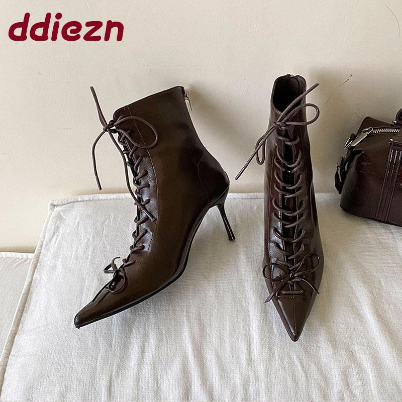 Modă Modă Cu Șireturi Glezna Dama Cizme Moderne Tocuri Subțiri Pantofi Vârf Ascuțit Elegant Femei Cizme Scurte Pantofi cu Tocuri Dama