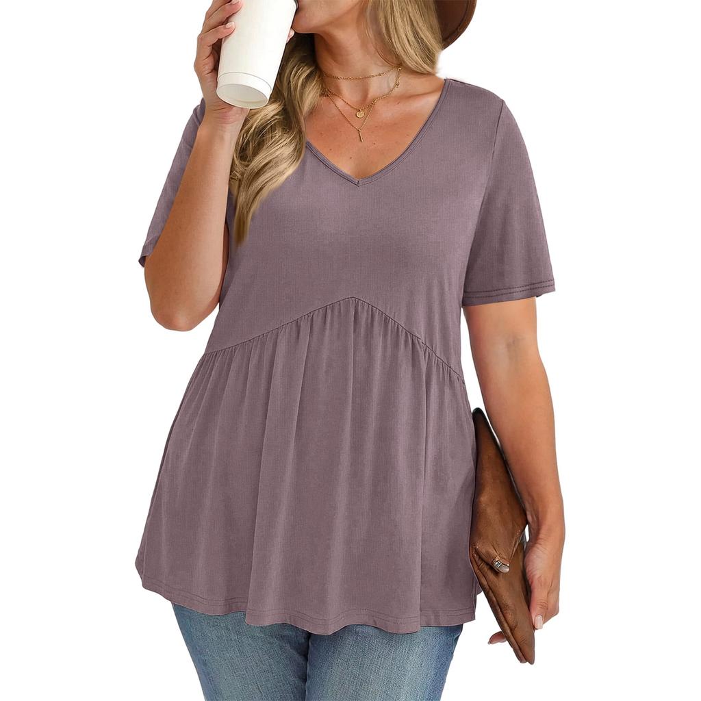 Women's Plus Size Fashionable Casual Loose-Fit V-Neck Short-Sleeve Top