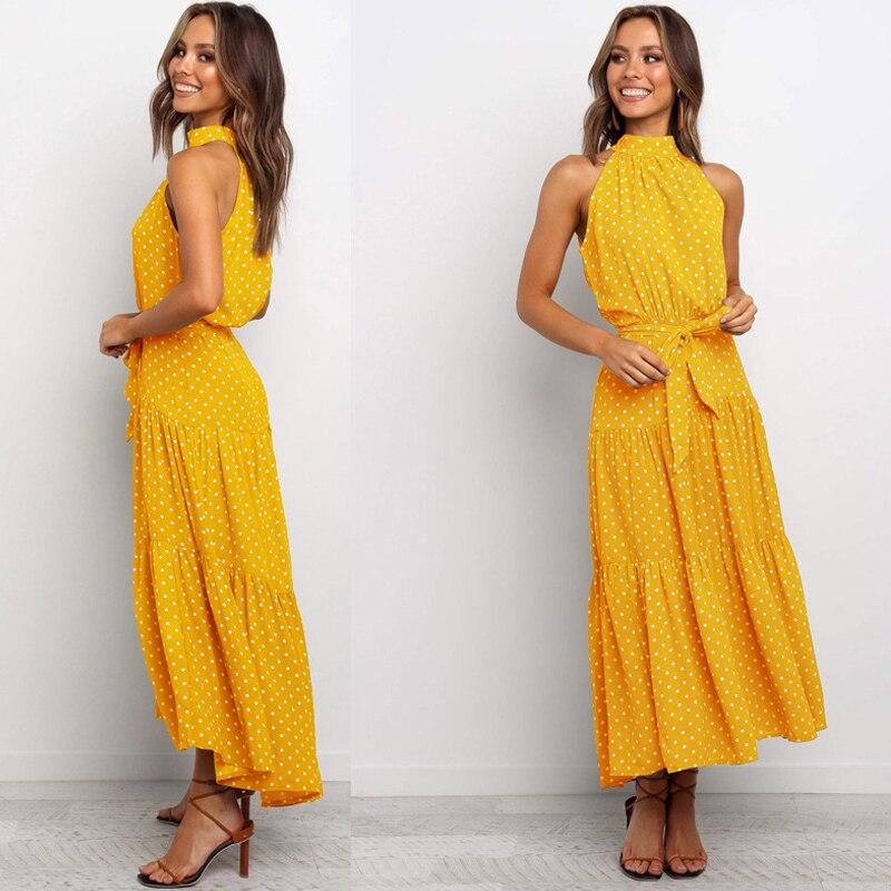 Sexy Neck-mounted Dot Beach Dress For Holiday Summer Casual Sleeveless Floral Printed Long Dress Women Fashion Robe Femme 25765