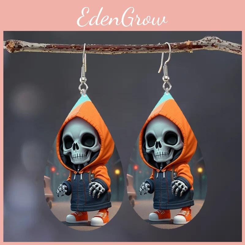 Hooded Halloween Themed Jacket Skull Pattern Droplet Shaped Acrylic Earrings