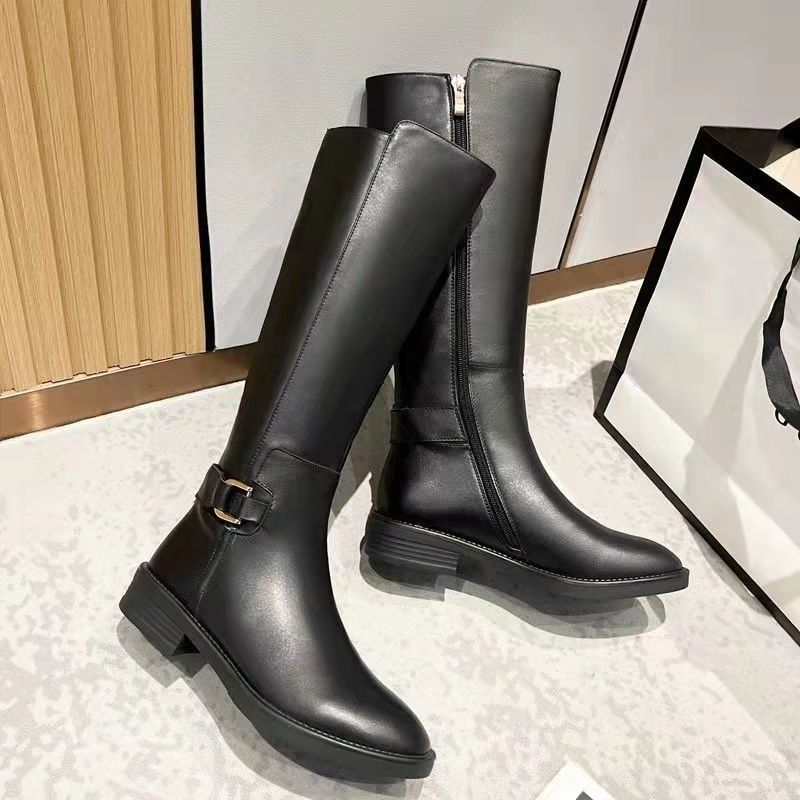 Autumn and Winter Pu Leather Knee Boots for Women Shoes Metal Buckle Decoration Outdoor Long Boots Ladies Footwear