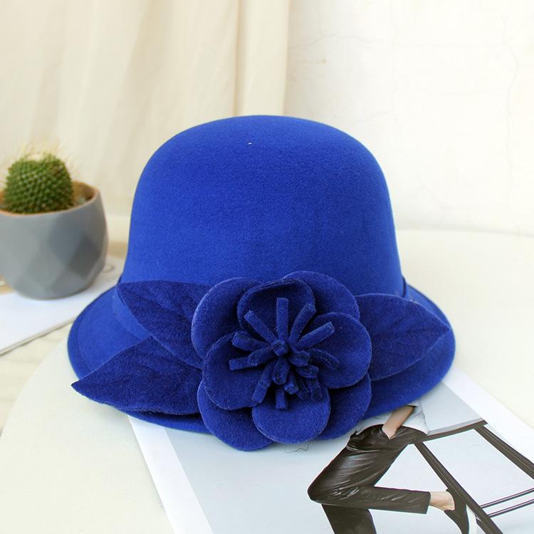 New Hat Women's Autumn and Winter British Woolen Woolen Pot Hat Fashion Flower Bucket Hat Warm Felt Top Hat