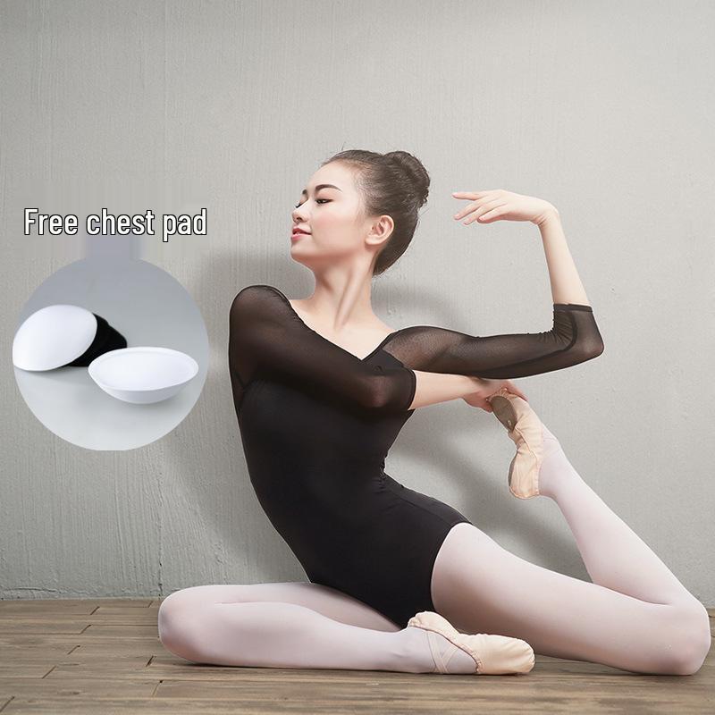 Women's Black Three-Quarter Sleeve Ballet Leotard for Dance Practice and Exams