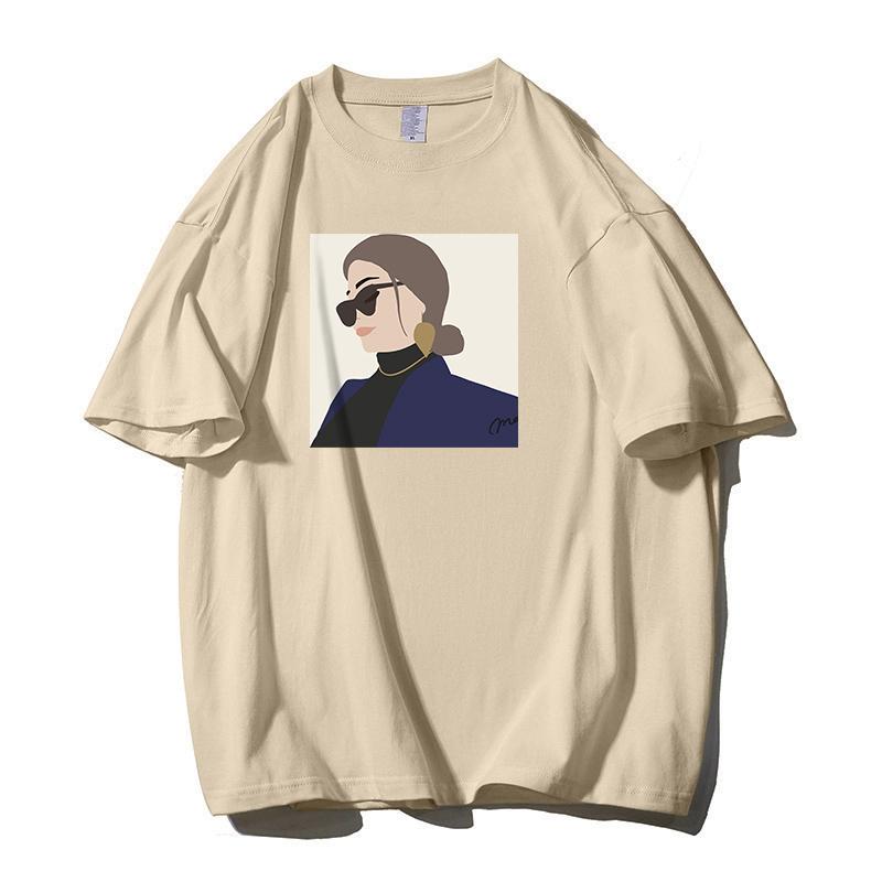 Shellsuning Osobnost Dámské 100% Bavlna Potisk Tričko Léto Nové Oversized O-výstřih Krátké Základní Trička Dámská Móda Streetwear Harsuku Topy