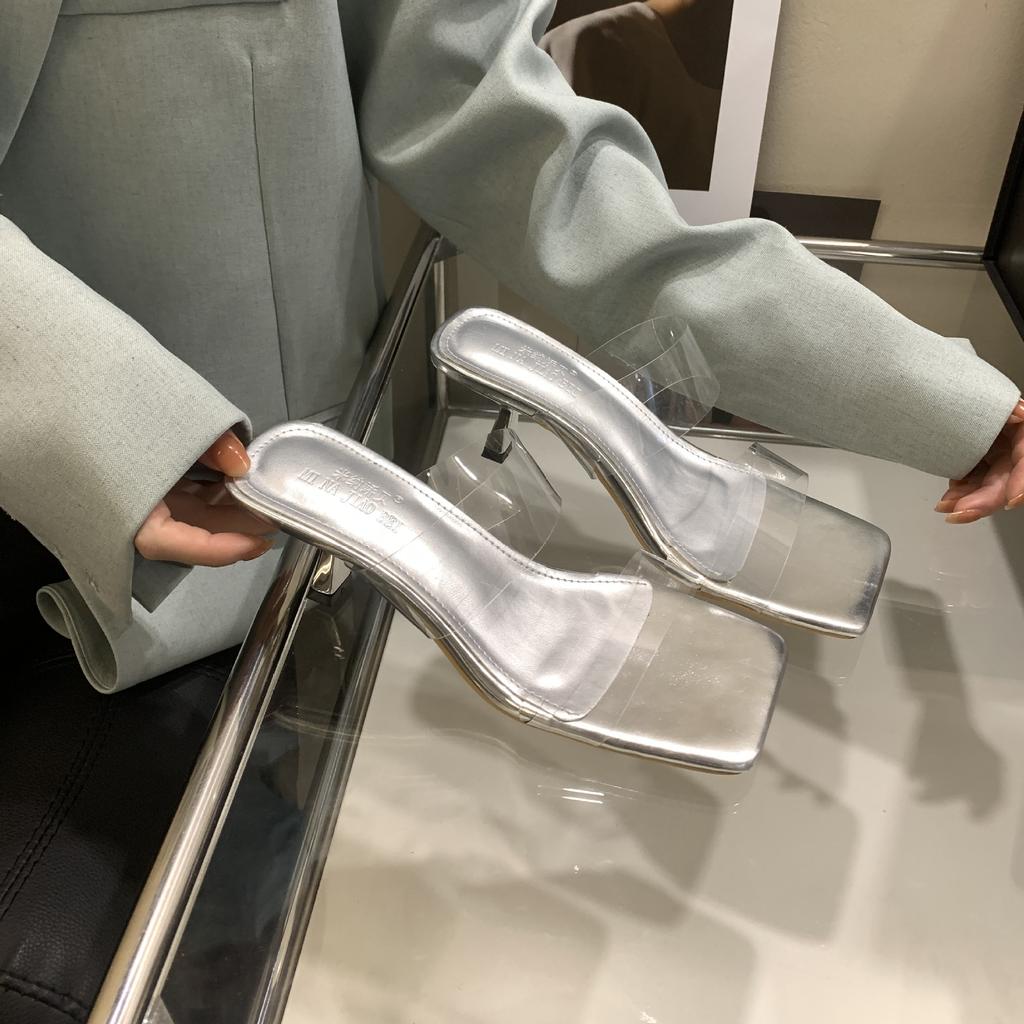 Light and Mature Style Transparent High-heeled Sandals for Women Looking Thin 2025 Summer Wear New Thin-heeled Medium-heeled Square-head Slippers