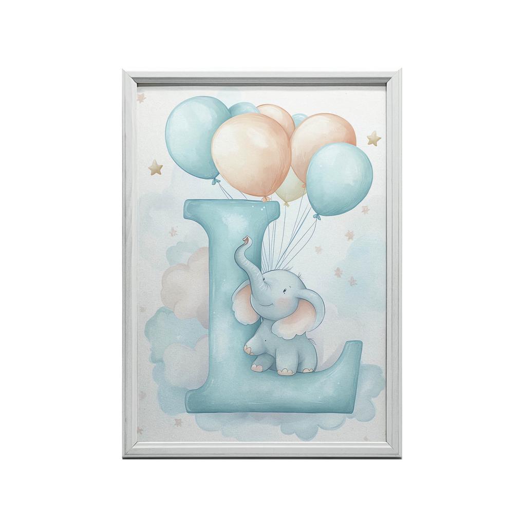 Poster Letter "I" With Balloons And Elephant Poster Letter "I" With Balloons And Elephant, 30X40 Cm, Frame Wooden Light Oak, Paper Matte 230 Gsm