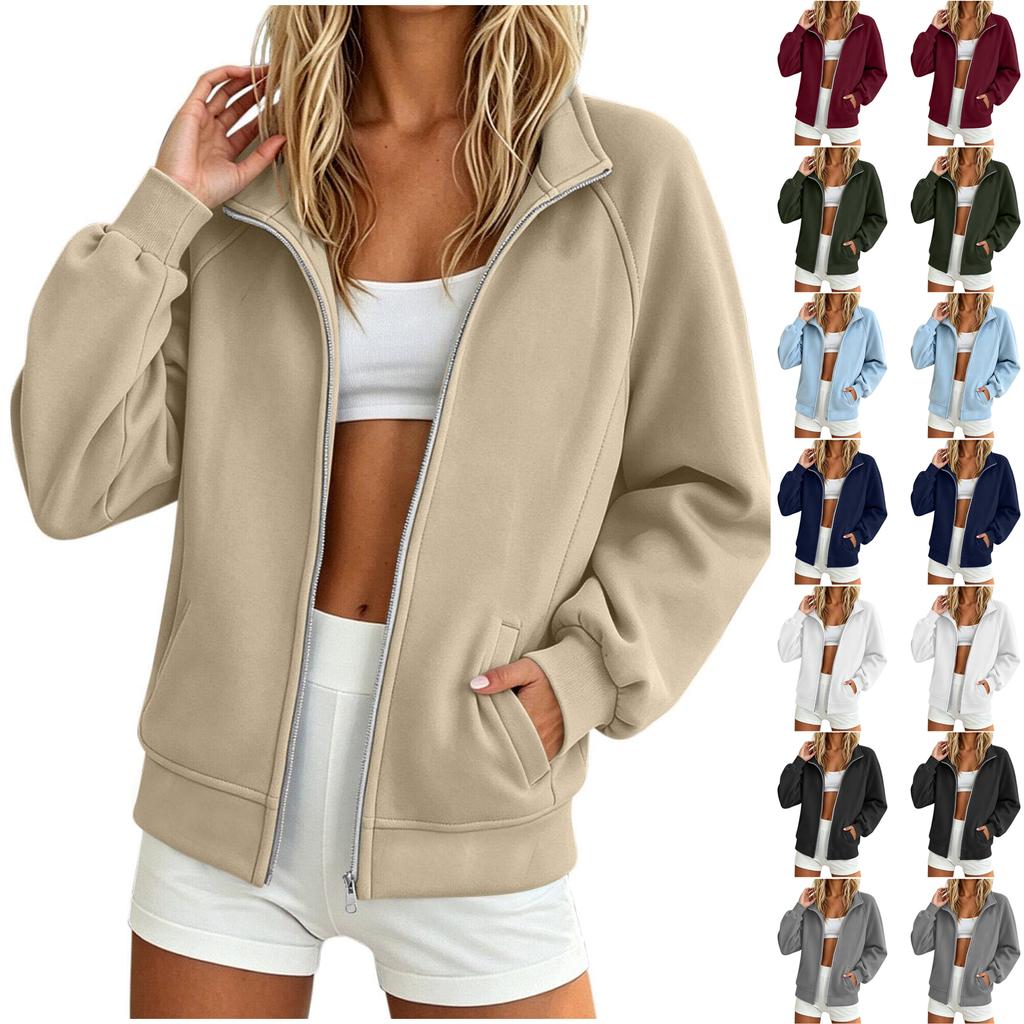 Damen Zip-Up Hoodie Langarm Stehkragen Lockerer Schnitt mit Taschen Lässige Oberbekleidung