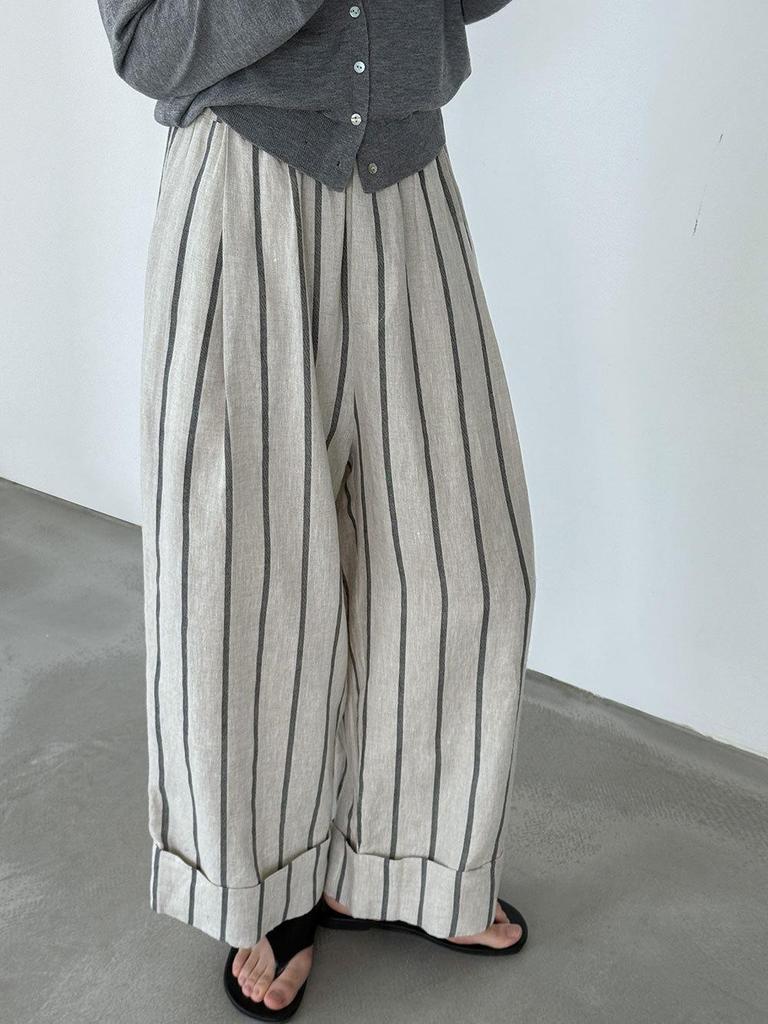 Lu Xi Japanese Retro Linen Striped Wide-Leg Pants - Spring 2026