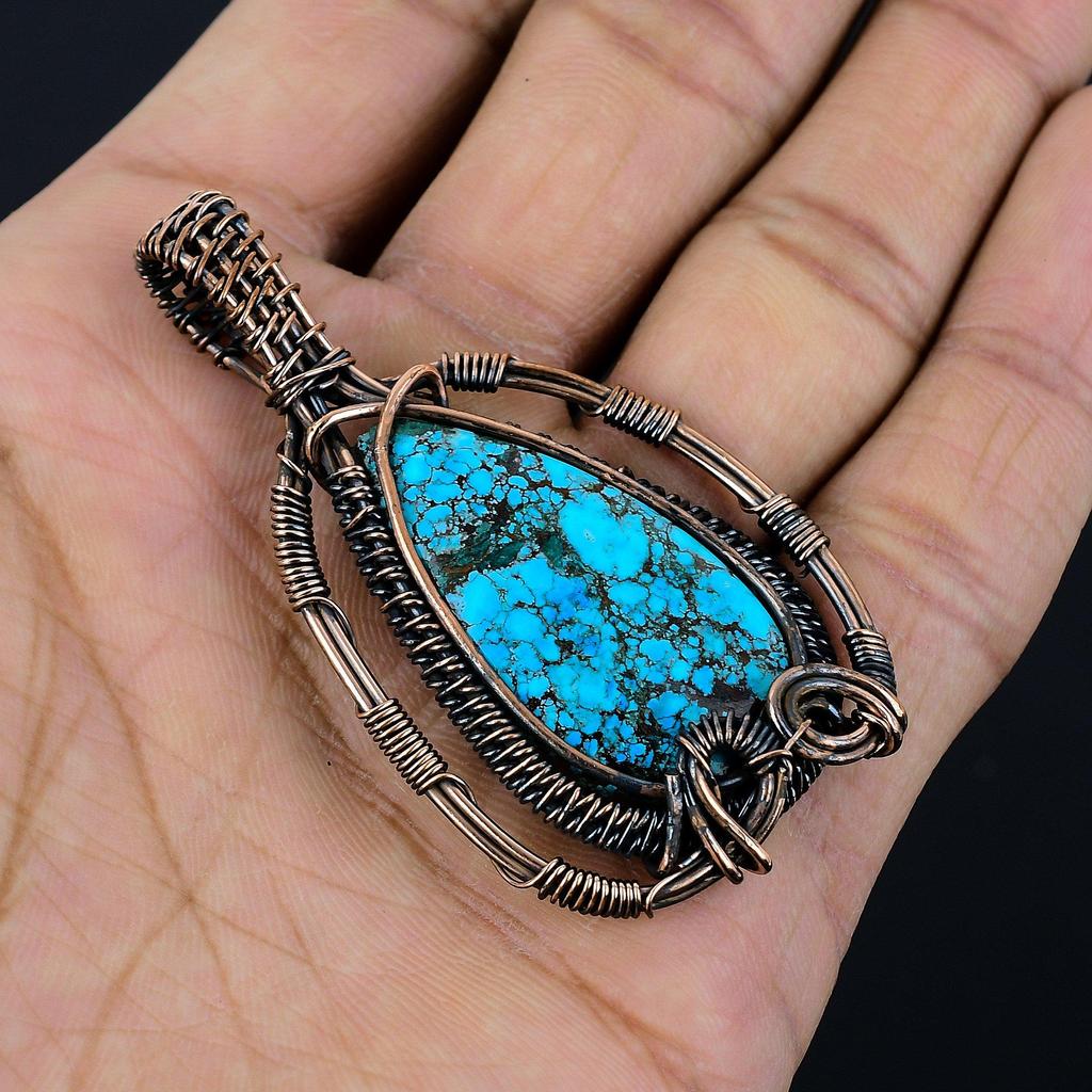 Tibetan Turquoise Pendant, 999 Copper Wire Wrapped Gemstone Jewelry, Handmade Pendant, For Thanksgiving