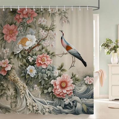 1 Stück Aquarell Blumen- und Vogel-Druck Duschvorhang mit Haken - Design Chic Blätter Blumen Badezimmervorhang Heimdekoration