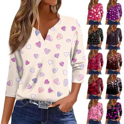 Women's T Shirt Tee Valentine's Day Printed Button  3/4 Sleeve Tunic Daily Weekend Fashion Basic V- Neck Regular Top