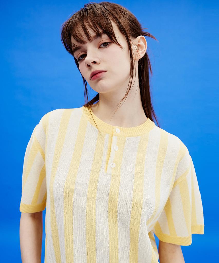 WAIKEI Striped Henley Neck Short Sleeve Knit Light Yellow