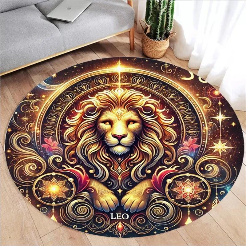 Zodiac Print Round Rugs Kids Room Floor Mats Non-Slip Living Room Rugs Washable Flannel Carpet for Home Decor Mat
