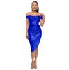 Women's Summer One-line Shoulder French Waist Dress Sequin Bag Hip Mid-length Dress