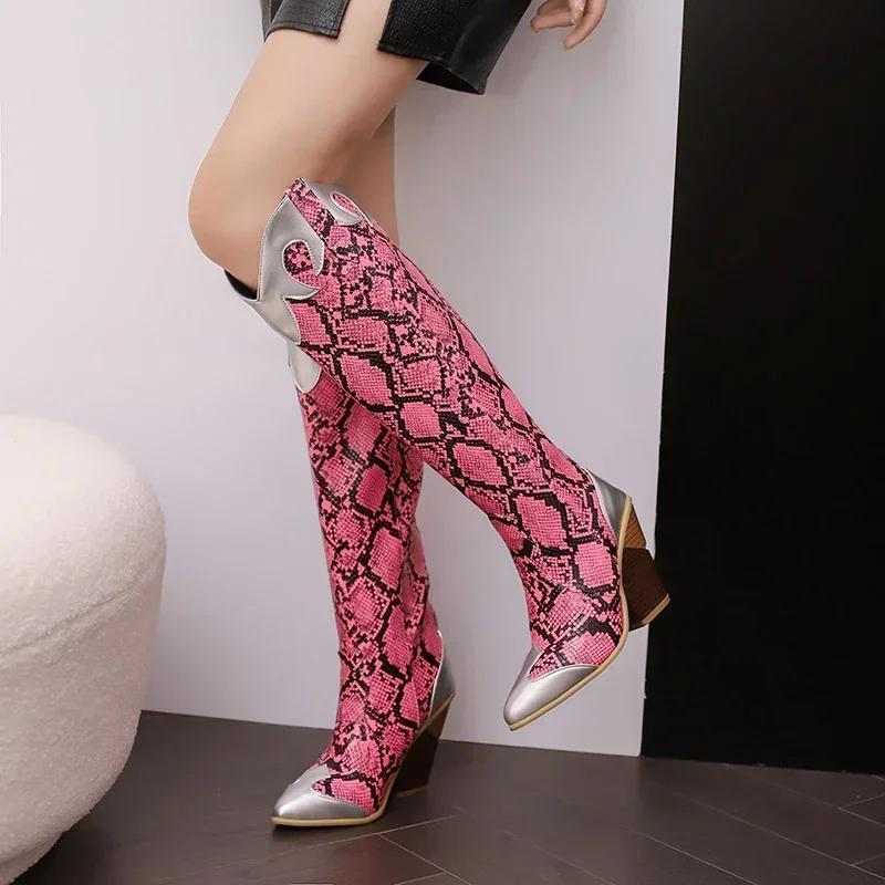 Winter Western Knee High Boots Women Wedge Heels Brown Purple Black Patchwork Retro Dress Pointed Toe Zipper Cowgirl Long Boots