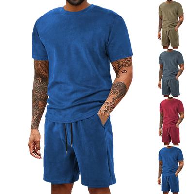 Men'S Solid Color Casual Round Neck Short Sleeved Shorts Two-Piece Set