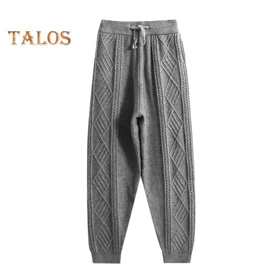 Women Harem Pants Elastic High Waist Adjustable Drawstring Knitting Pants Solid Color Loose Fit Rhombus Texture Long Trousers