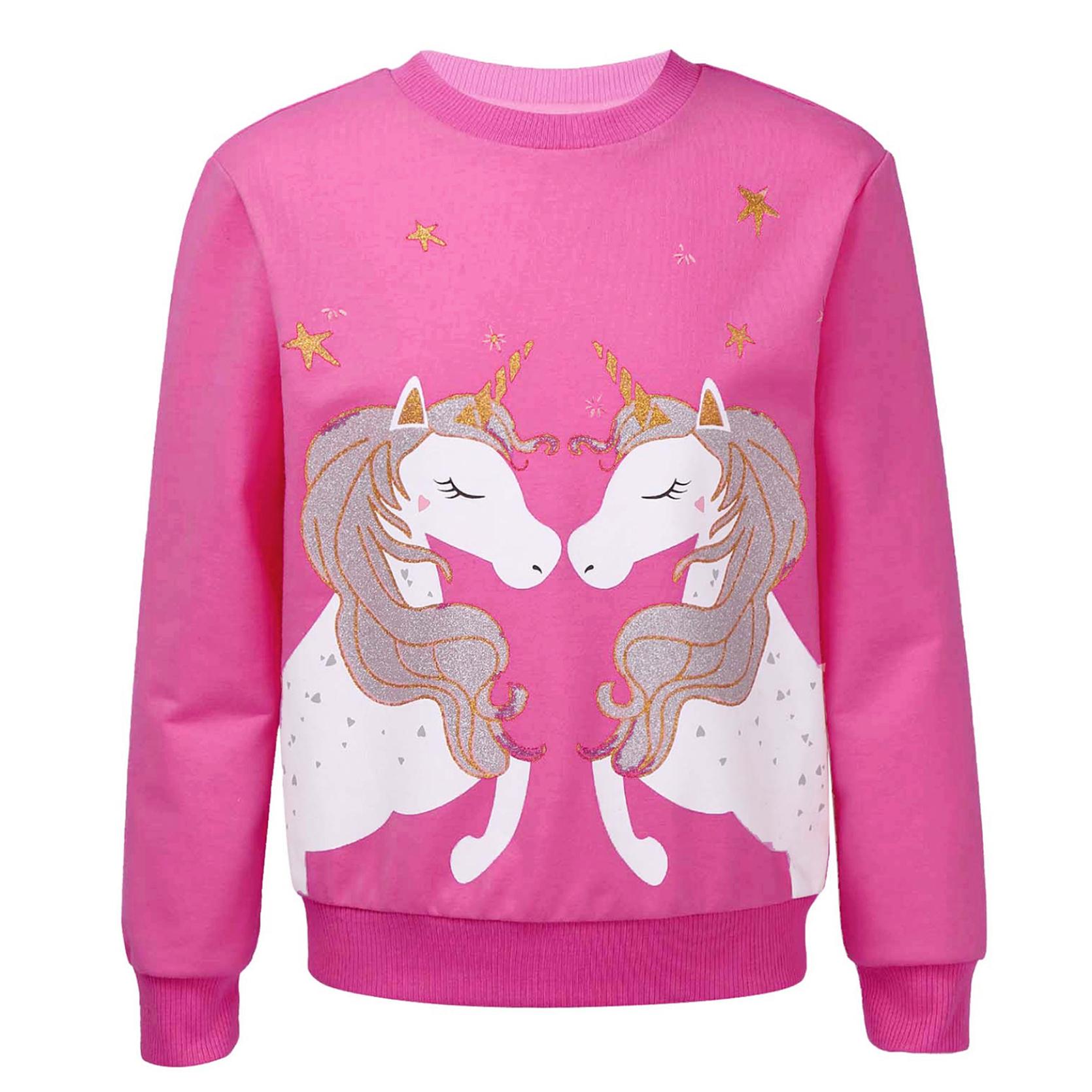 

Детская толстовка с круглым вырезом и длинными рукавами для девочек, блестящая толстовка с мультяшным принтом лошади, спортивные топы ярко-розовый