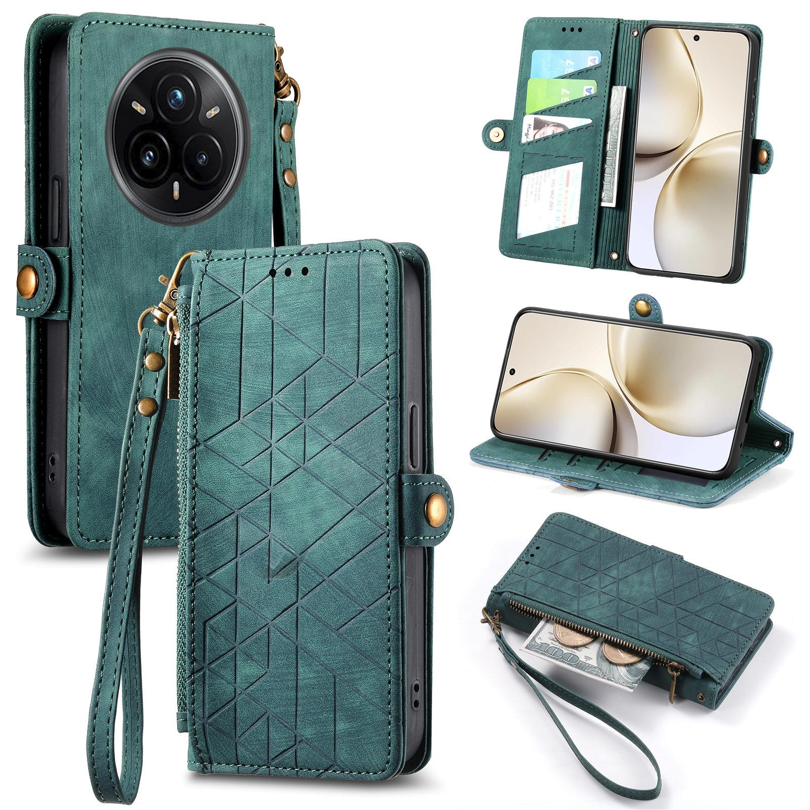 

For Realme 14 Pro+ 5G Zipper Wallet Case Geometry Lines Leather Phone Cover with Strap Green