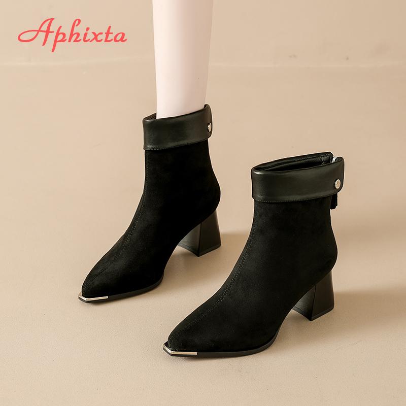 Fashion Aphixta Bazk Zipper Metal Dec Women Modern Boots 6.5cm High Heels Sexy Ankle Boots Elegant Pointed Toe Winter Woman Shoes