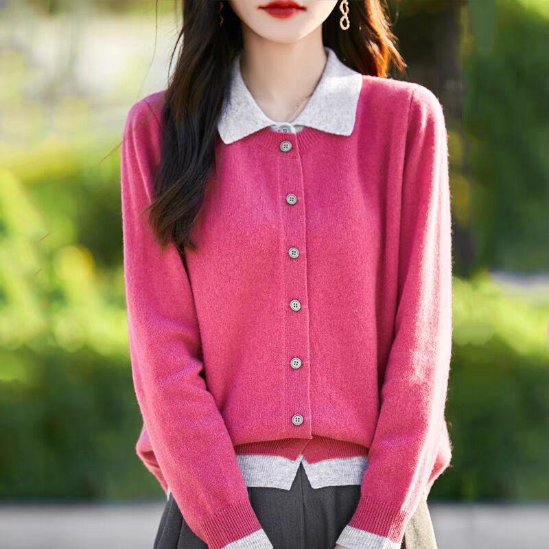 Double-layer Fake Two-piece Wool Knitted Cardigan Women's POLO Lapel Contrasting Color Loose Cashmere Sweater Jacket