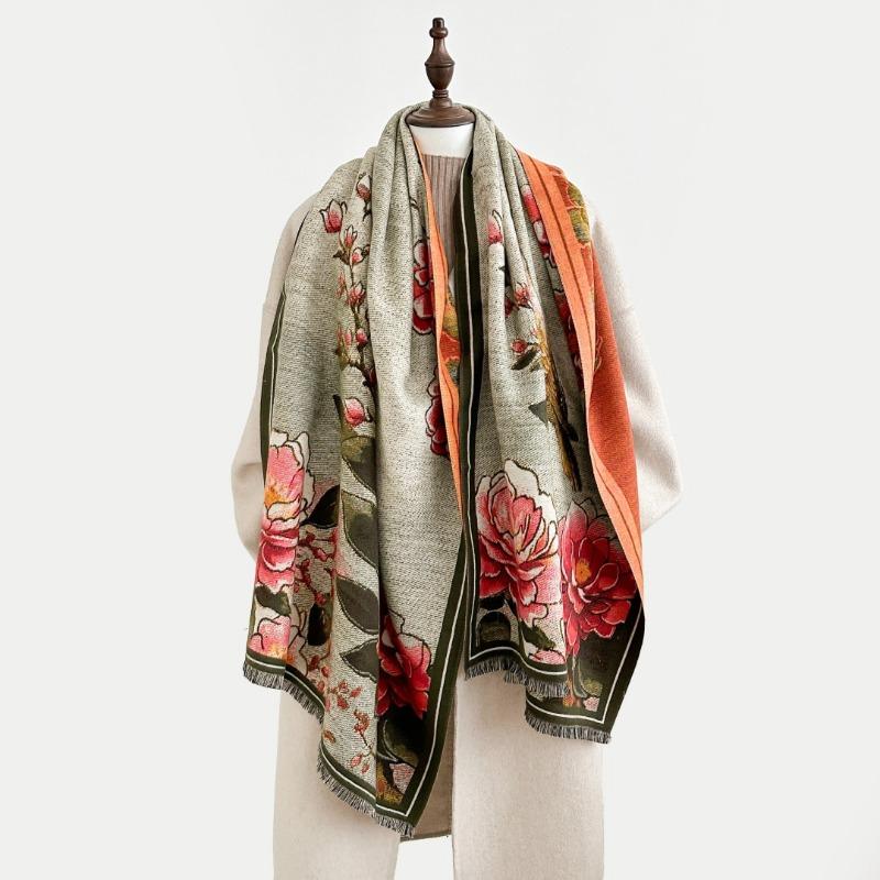 Retro bird flower shawl women's autumn and winter travel versatile multi-functional warm scarf double-sided scarf