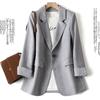 Damen Einzelknopf Gestreifte Manschette Langarm Blazer Unifarbener Schlanker Sitz Lässiger Büro Anzug Jacke Große Größen