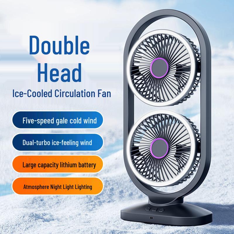 Dual-Head USB Desktop Fan with Light and Five Speeds for Home and Outdoor Use