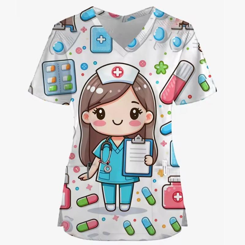 

Мультяшный кролик 3D-принт Медсестра Медицинская униформа V-образный вырез Короткий рукав Карман Рабочая одежда Топ Скрабы Медицинские аксессуары Униформа XL