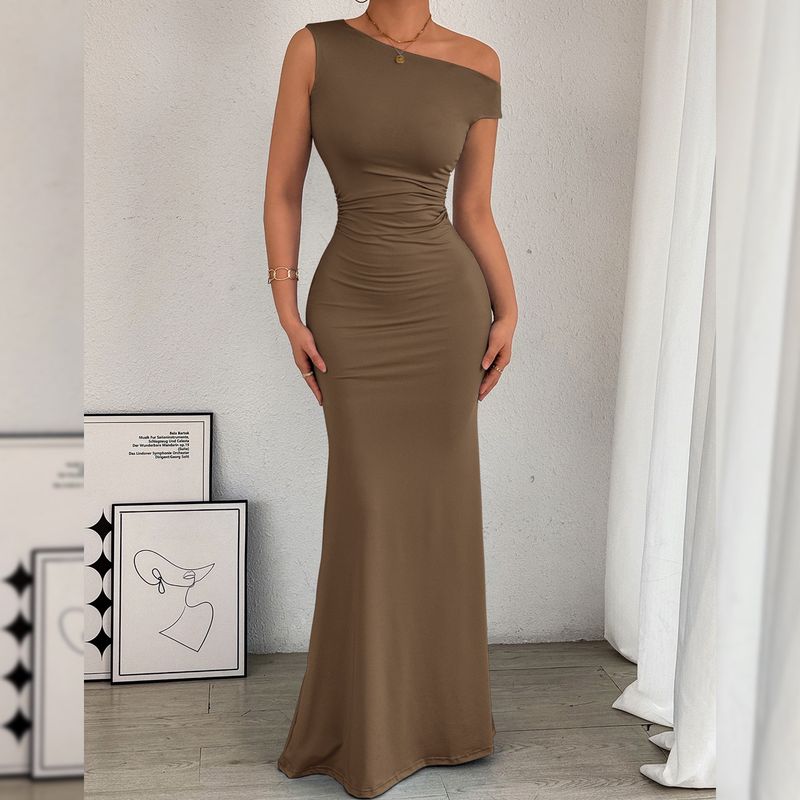 

European and American Women s Clothing Mermaid Dress Shoulder Collar Waist Ruched Sleeveless Sexy Dress Brown XS