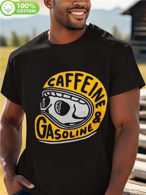 Men's Motorcycle & Coffee Graphic T-Shirt - 100% Cotton Relaxed Fit Crew Neck with Caffeine & Gasoline Skull Helmet Design