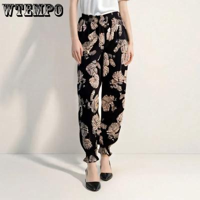 Elastic High Waist Thin Printed Jogger Pants Women's Spring Summer Ice Silk Wide Leg Pants Mother's Loose Cropped Pants