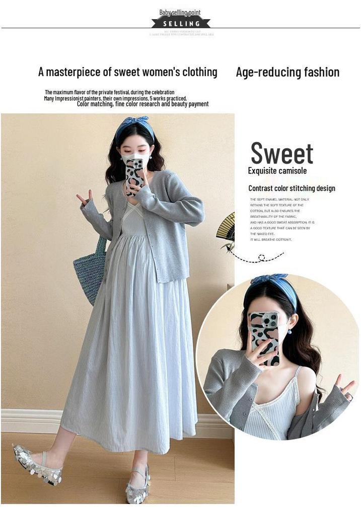 2025 Spring Maternity Lace V-Neck Dress & Knit Cardigan