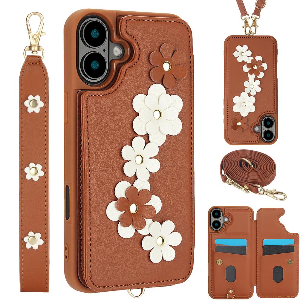 Applicable to iPhone16E multi-function mobile phone case 17Pro flower card holder anti-drop diagonal span rope portable rope