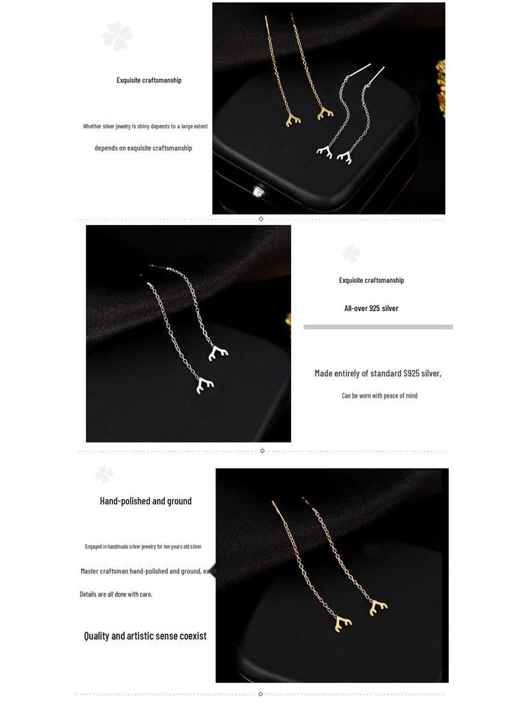 Women's S925 Sterling Silver Reindeer Antler Stud Earrings - Light Luxury, Simple Niche Style for Christmas