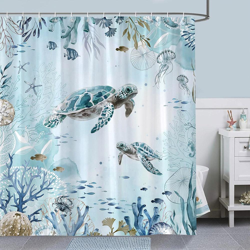 

Nautical Coastal Jellyfish Shower Curtain Teal Ocean Underwater Sealife Coral Seahorse Sea Turtle Polyester Fabric Bath Curtains 35x70in-90x180cm